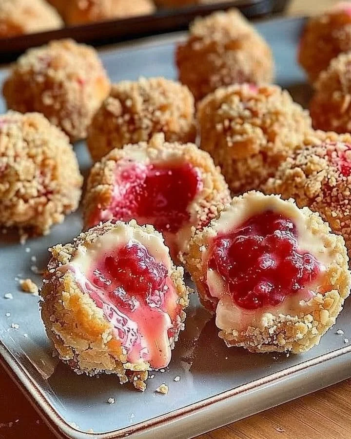 Irresistible strawberry cheesecake crunch bites on a dessert plate.