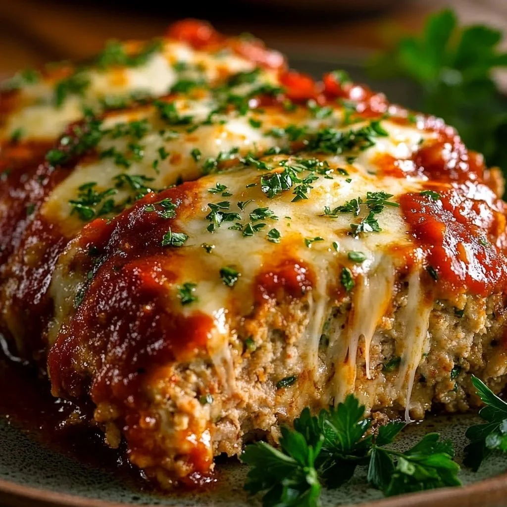 Italian-inspired Parmesan Chicken Meatloaf on a plate, garnished with herbs.
