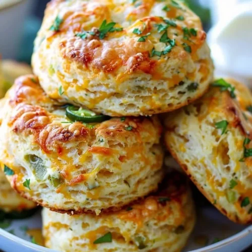 Freshly baked jalapeño cheddar biscuits with melted cheese and jalapeño slices.