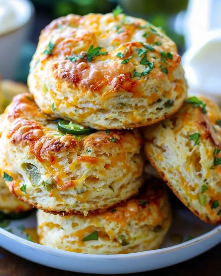 Freshly baked jalapeño cheddar biscuits with melted cheese and jalapeño slices.