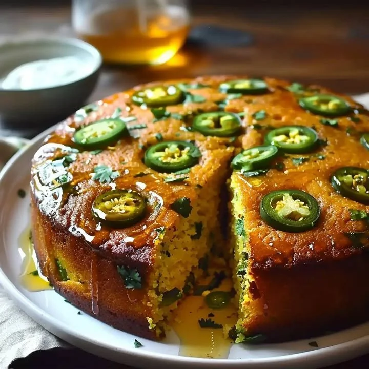 Slice of Jalapeño Cornbread drizzled with Lime Honey Glaze on a rustic plate