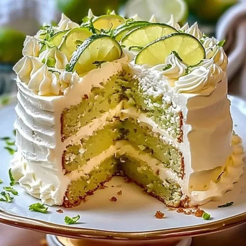 Delicious key lime cake with creamy key lime cream cheese frosting on a plate.