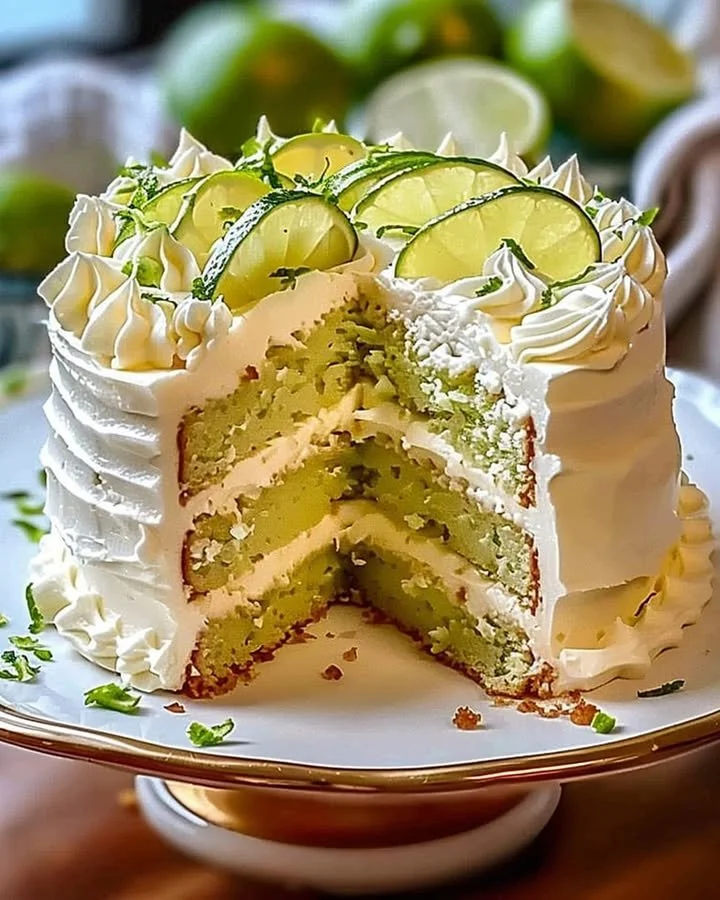 Delicious key lime cake with creamy key lime cream cheese frosting on a plate.