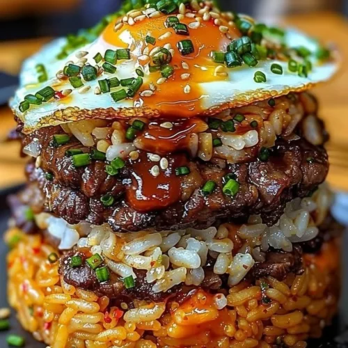 Korean BBQ Beef Rice Stack topped with fresh vegetables and sauce