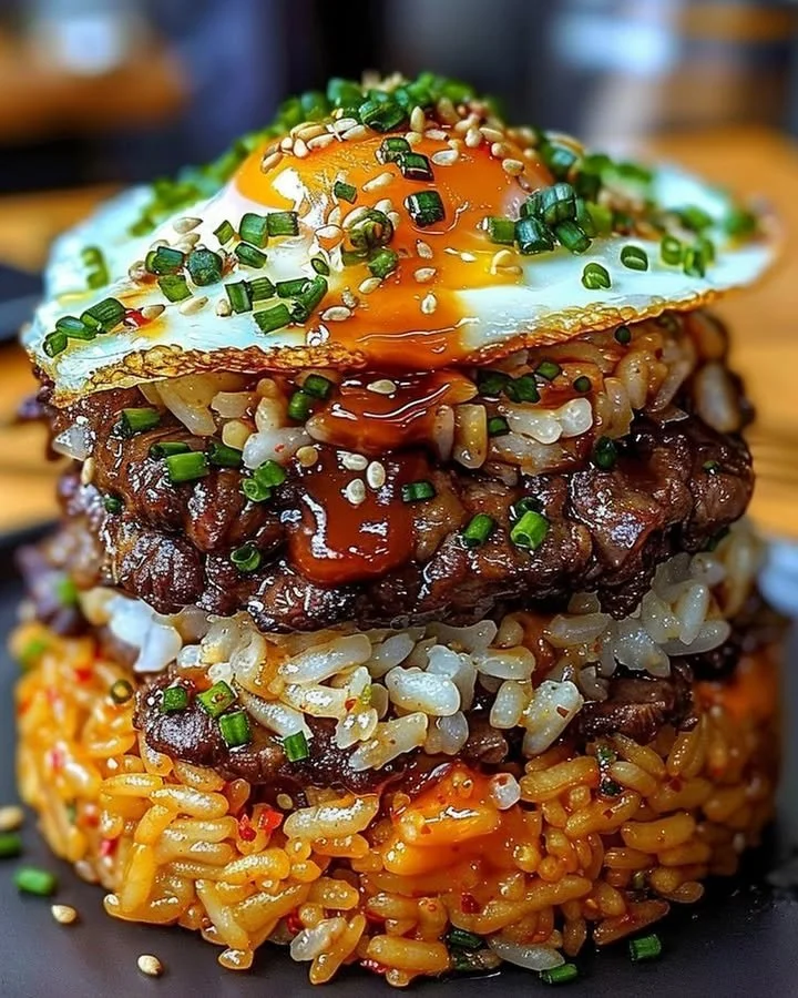 Korean BBQ Beef Rice Stack topped with fresh vegetables and sauce