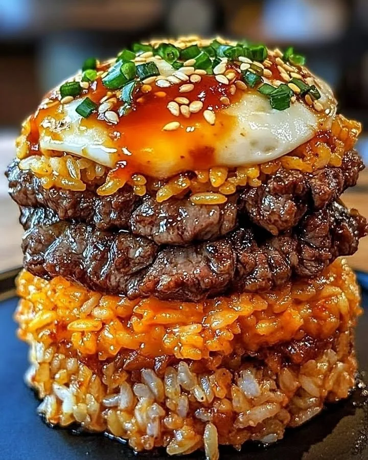 Korean BBQ Beef Rice Stack with grilled beef and rice