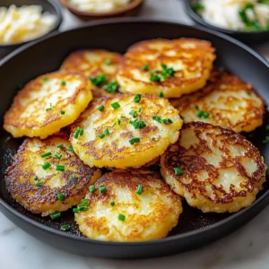 Korean potato cheese pancakes served on a plate with dipping sauce