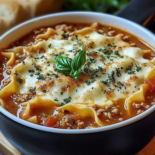 Delicious lasagna soup in a bowl topped with cheese and herbs.