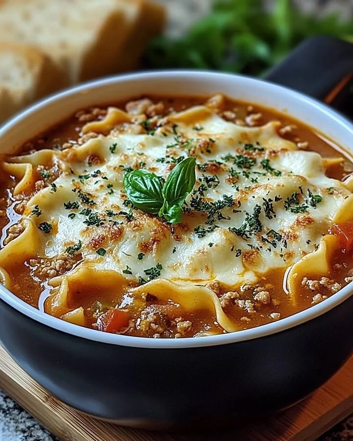 Delicious lasagna soup in a bowl topped with cheese and herbs.