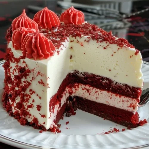 Layered red velvet cheesecake with white chocolate topping and garnish.