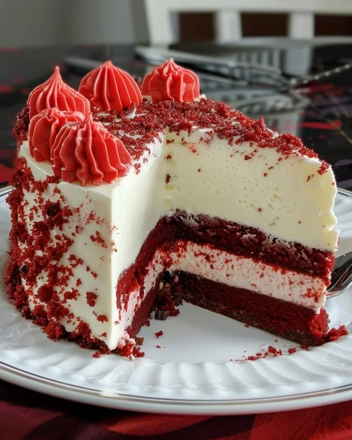 Layered red velvet cheesecake with white chocolate topping and garnish.
