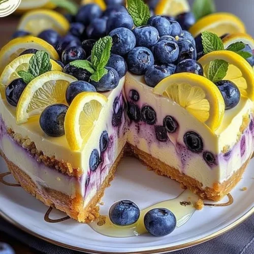 Slice of lemon blueberry cheesecake topped with blueberries and lemon zest