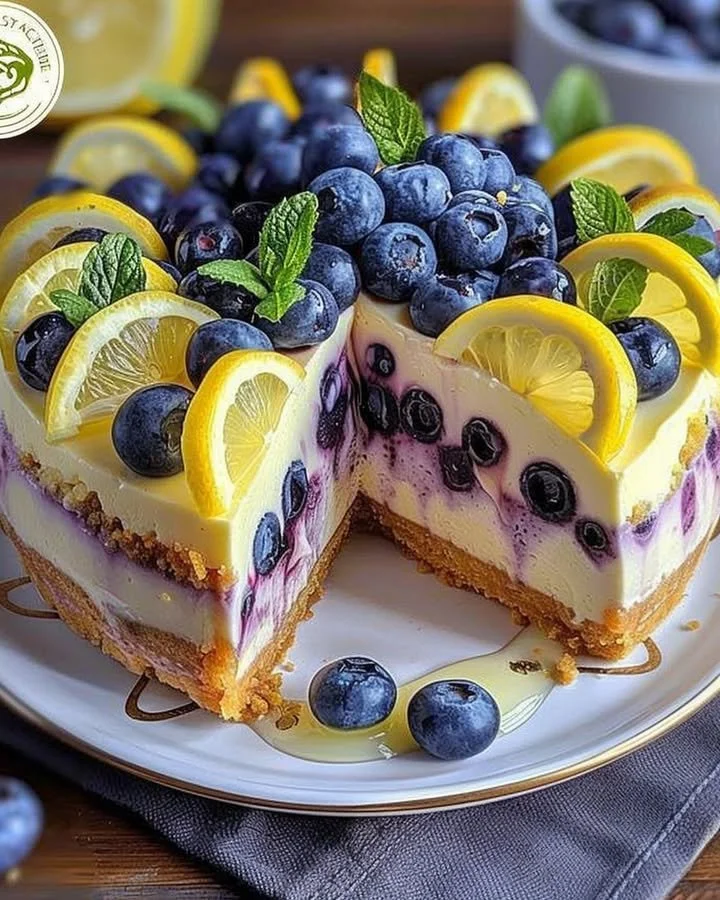 Slice of lemon blueberry cheesecake topped with blueberries and lemon zest