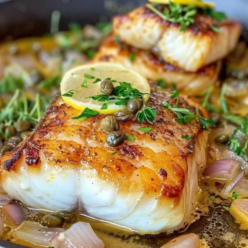 Lemon Caper Butter Chilean Seabass garnished with herbs on a plate