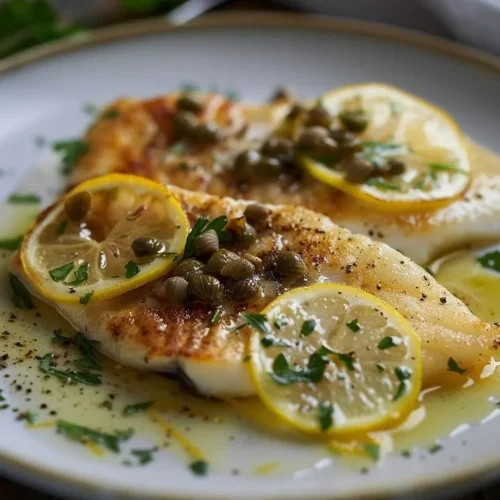 Deliciously plated Lemon-Caper Butter Sole with fresh herbs and lemon slices