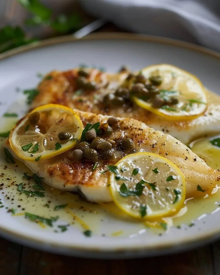 Deliciously plated Lemon-Caper Butter Sole with fresh herbs and lemon slices