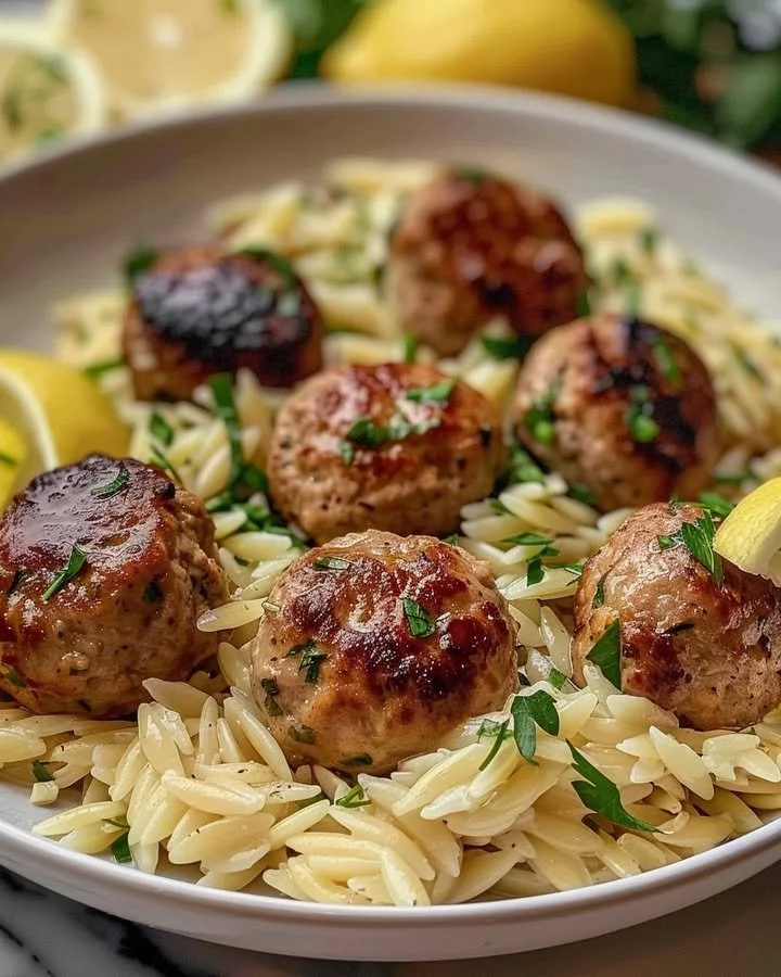 Lemon chicken ricotta meatballs served with garlic orzo on a plate