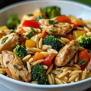Lemon Chicken Stir Fry with vegetables and orzo on a plate.