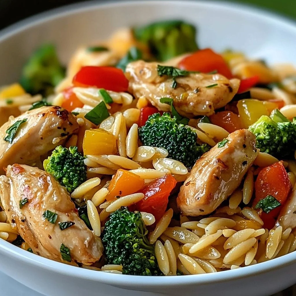 Lemon Chicken Stir Fry with vegetables and orzo on a plate.