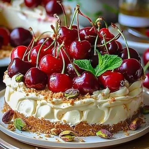 Lemon Lime Cherry Pistachio Cheesecake served on a plate