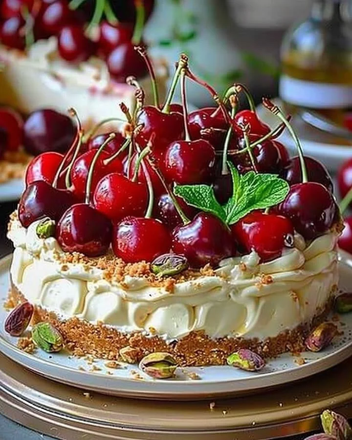 Lemon Lime Cherry Pistachio Cheesecake served on a plate