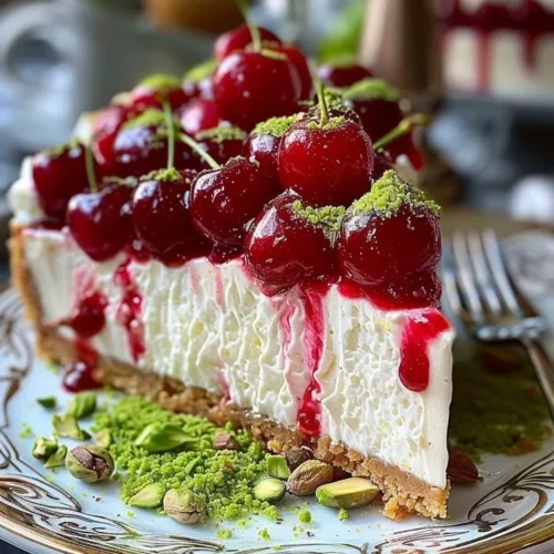 Lemon-Lime Cherry Pistachio Cheesecake topped with cherries and pistachios