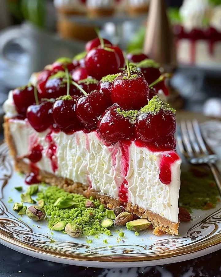 Lemon-Lime Cherry Pistachio Cheesecake topped with cherries and pistachios