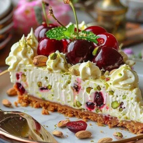Slice of Lemon-Lime Cherry Pistachio Cheesecake with vibrant toppings