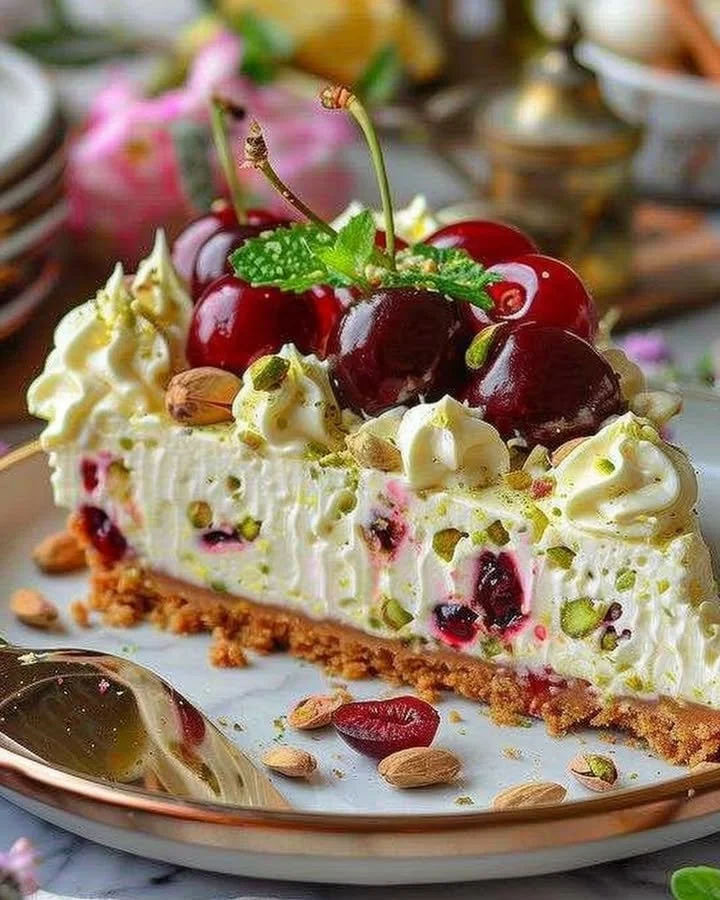 Slice of Lemon-Lime Cherry Pistachio Cheesecake with vibrant toppings