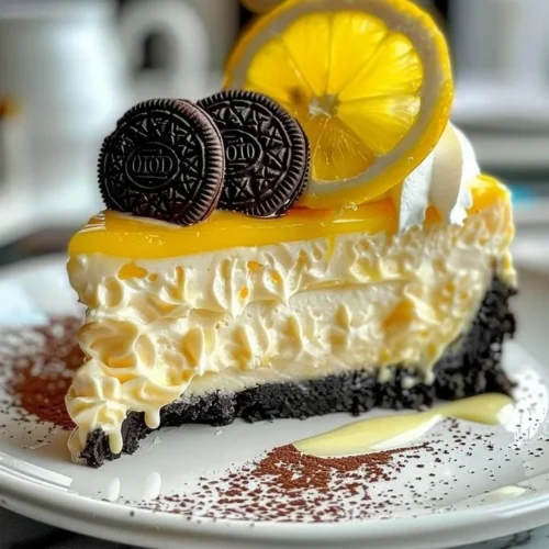 Slice of Lemon Oreo Cheesecake topped with whipped cream and lemon zest