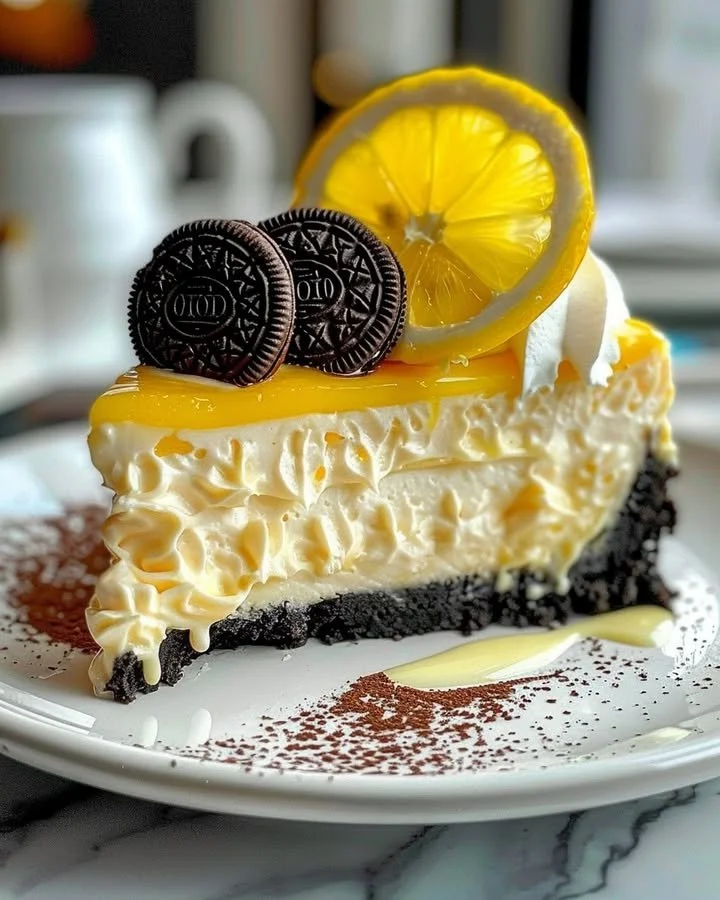 Slice of Lemon Oreo Cheesecake topped with whipped cream and lemon zest