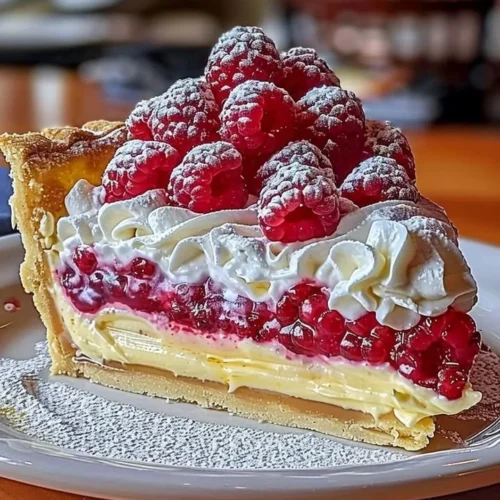 Lemon Raspberry Layered Pie with fresh lemon slices and raspberries