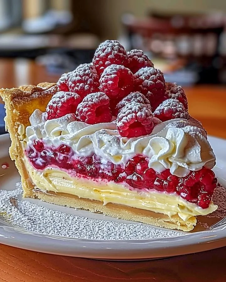 Lemon Raspberry Layered Pie with fresh lemon slices and raspberries