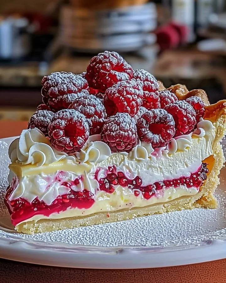 Lemon Raspberry Layered Pie with vibrant raspberry topping and lemon filling.