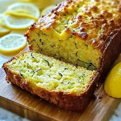 Deliciously moist Lemon Zucchini Bread slice on a wooden table