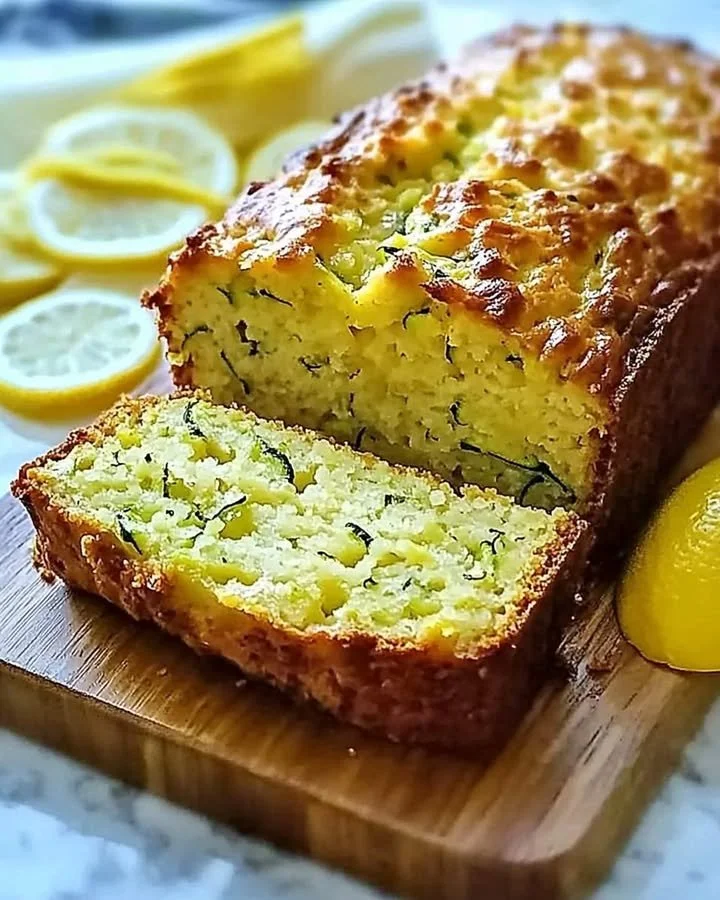 Deliciously moist Lemon Zucchini Bread slice on a wooden table