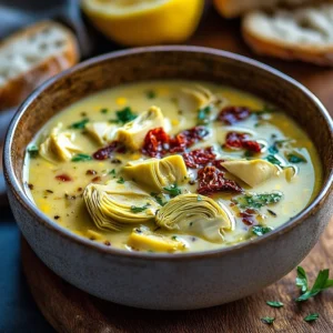 Bowl of Lemony Tuscan Artichoke Soup garnished with herbs and lemon slices