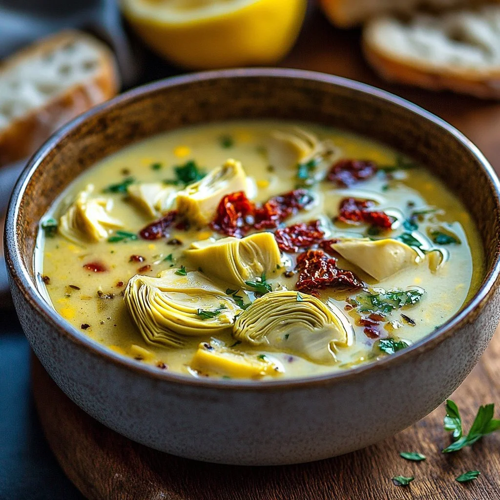 Bowl of Lemony Tuscan Artichoke Soup garnished with herbs and lemon slices