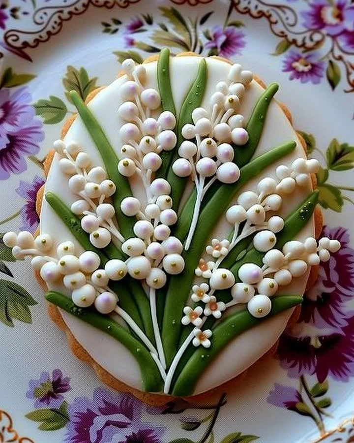Decorated sugar cookies featuring lily of the valley designs