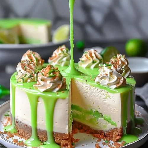 Lime mousse cheesecake topped with a glossy lime glaze, served on a white plate.