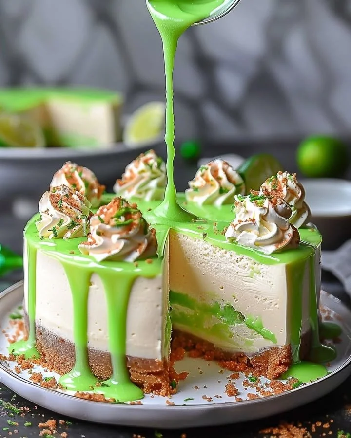 Lime mousse cheesecake topped with a glossy lime glaze, served on a white plate.