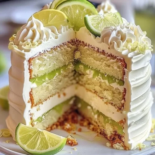 Slice of lime pie layer cake with fresh lime slices and whipped cream