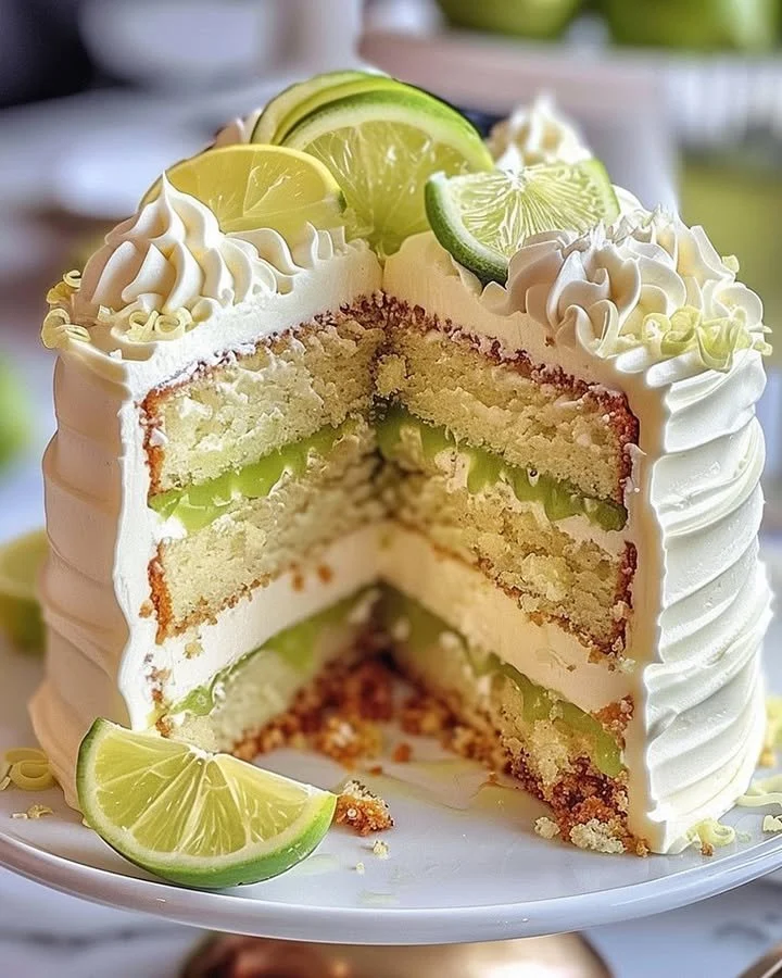 Slice of lime pie layer cake with fresh lime slices and whipped cream