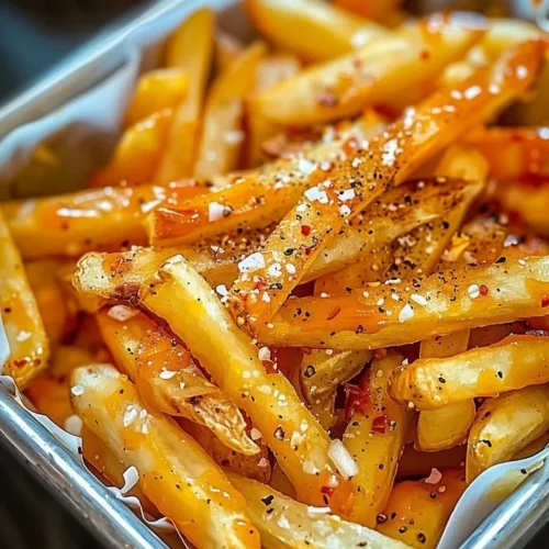 A plate of Louisiana Voodoo Fries topped with spicy seasonings and sauces.