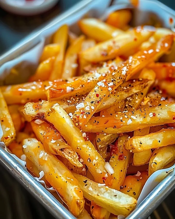 A plate of Louisiana Voodoo Fries topped with spicy seasonings and sauces.