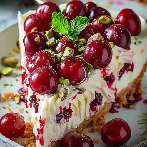 Lemon-lime cherry pistachio cheesecake slice garnished with fruit and nuts