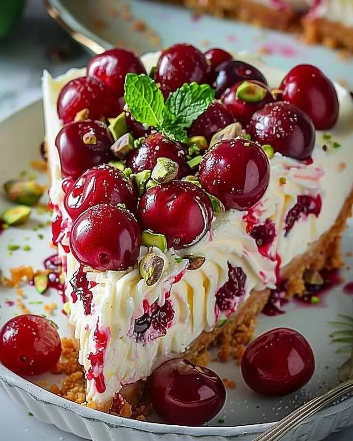Lemon-lime cherry pistachio cheesecake slice garnished with fruit and nuts