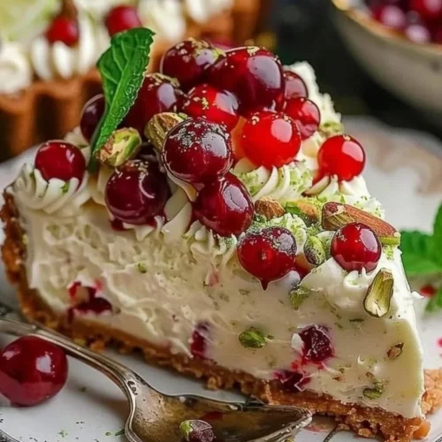 Lemon-lime cheesecake with cherry topping and pistachio garnish