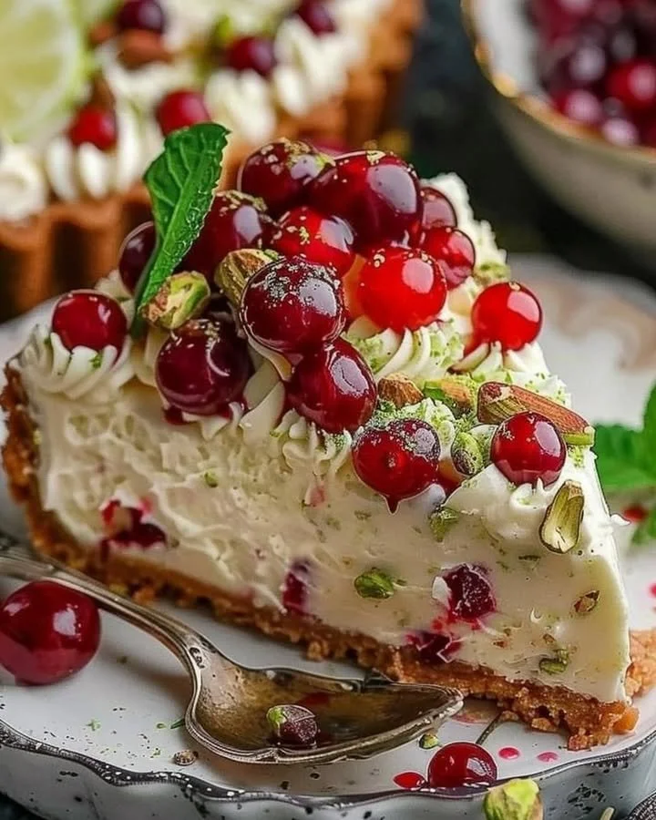 Lemon-lime cheesecake with cherry topping and pistachio garnish