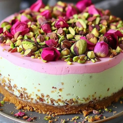 Luxurious pistachio rose cheesecake with a unique flavor blend